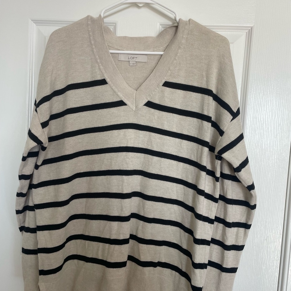 LOFT Cream V-Neck Sweater with Black Stripes